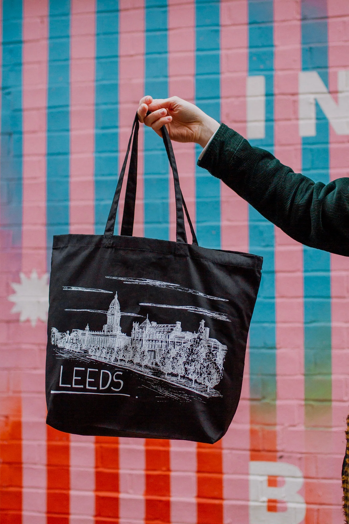 Black and white Leeds tote bag.